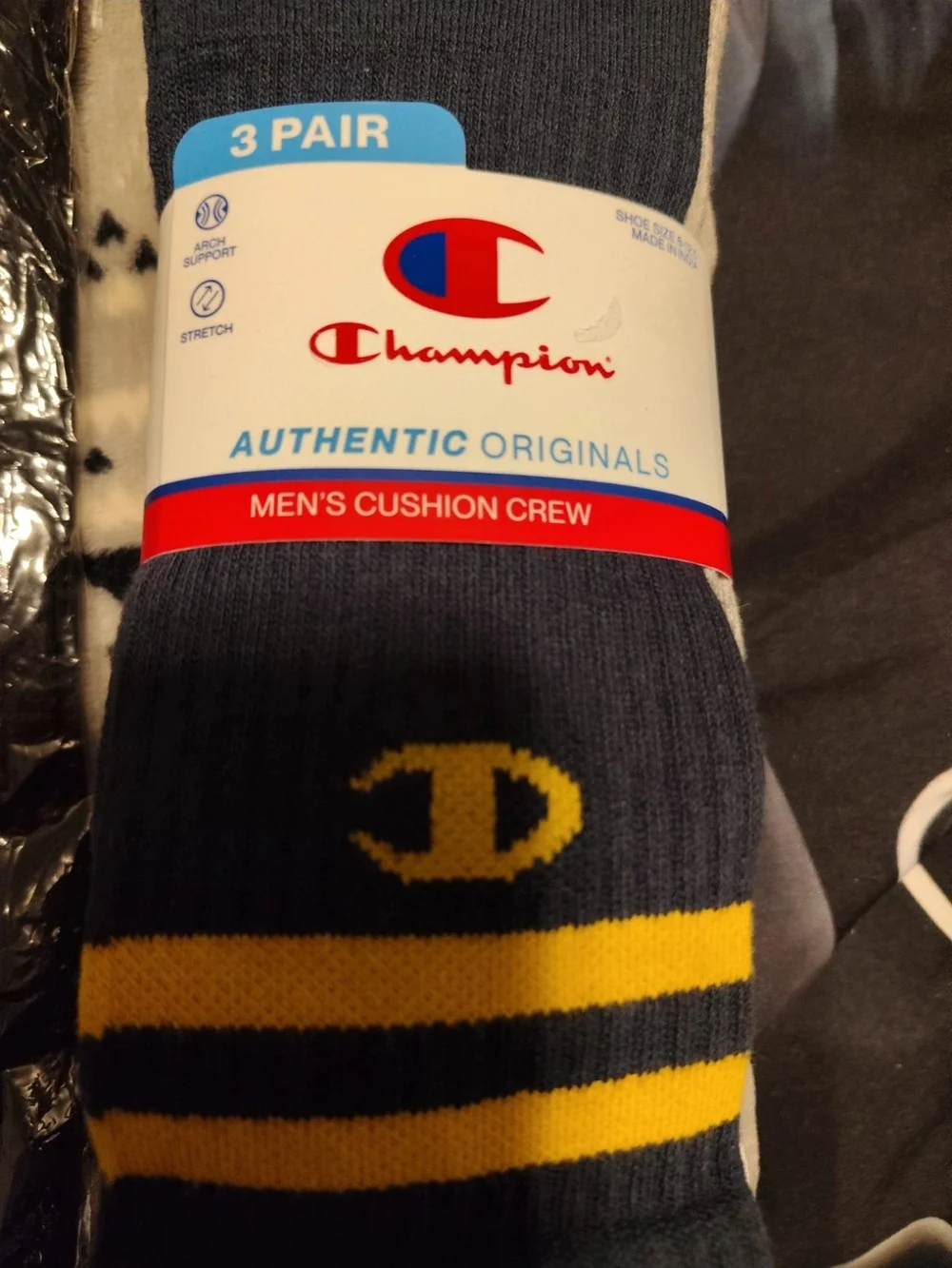 Champion Men's Crew Socks in Black, Gray & Gold Stripe - 3 Pair
